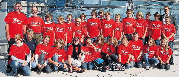 Foto der beiden Fußball-Mädchenmannschaft des TGG vor der Reichstagskuppel